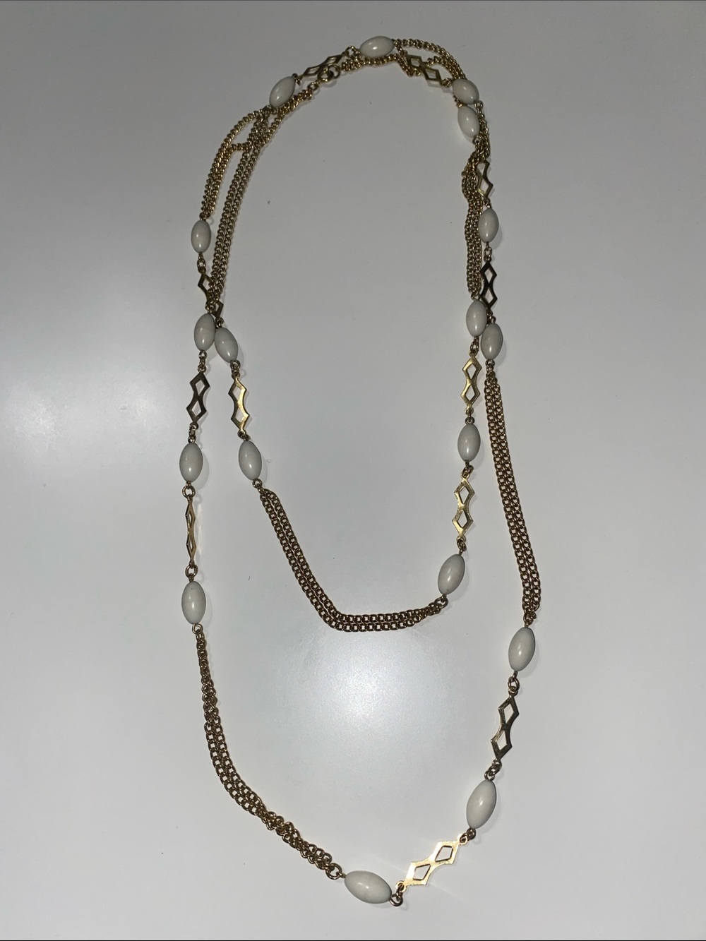 Gold Long Women's Necklace with White Beads